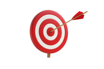 3d red target with arrow hit in the center, isolated on a transparent background.