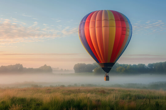 A hot air balloon is flying high in the sky over a field