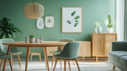Modern Living Room Design with Mint Dining Chairs, Wooden Table, and Sofa near Green Wall