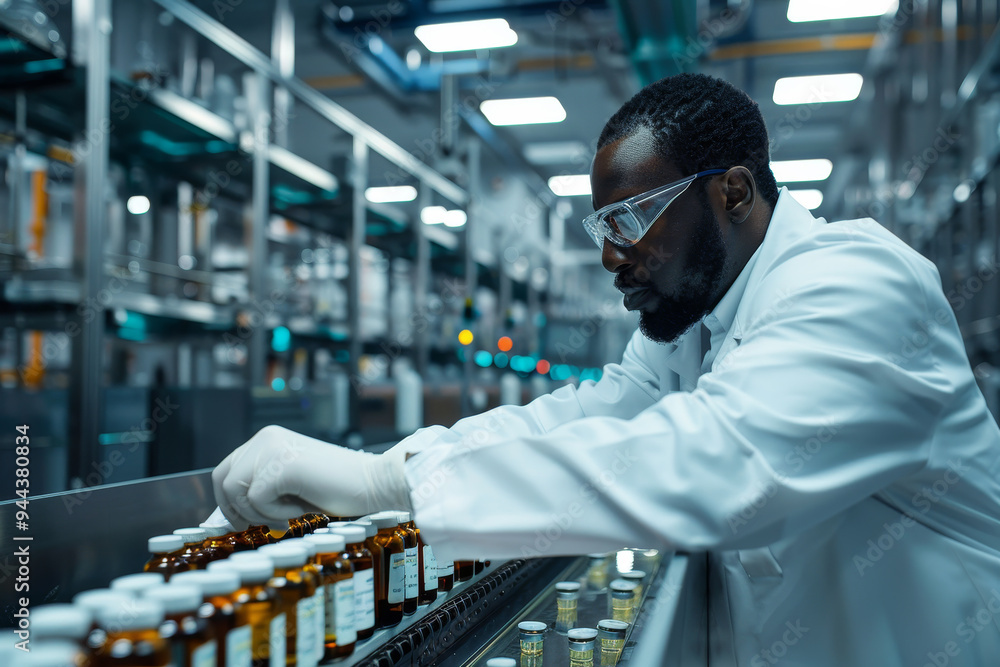 Poster a man in a lab coat is working on a line of bottles