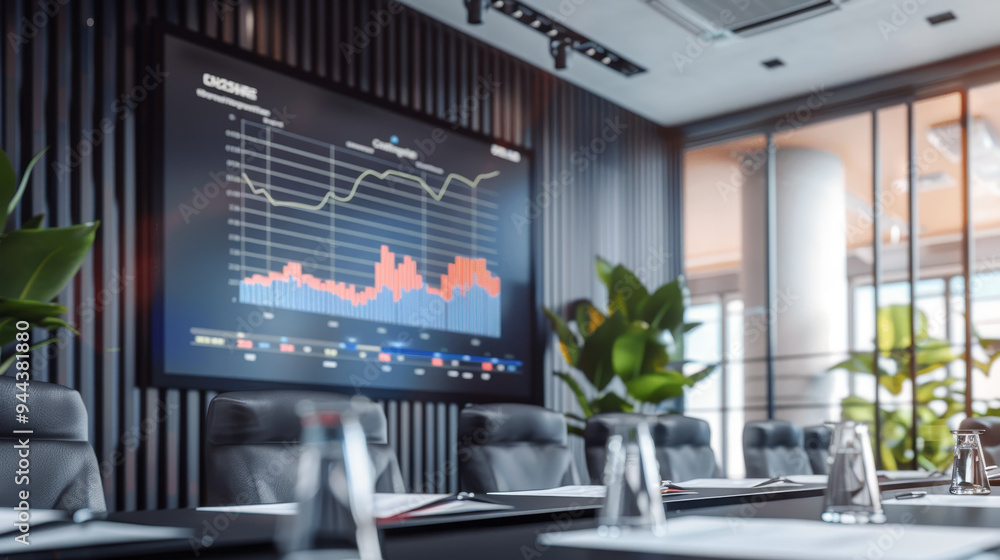 Poster a large screen with graphs and numbers is displayed in a conference room