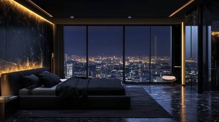 Night scene, Modern style luxury black master bedroom with city view 3d render, There are black terrazzo floor decorated wall with hidden light, furnished with black fabric bed 