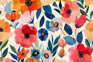A colorful floral pattern with a blue and white flower in the middle