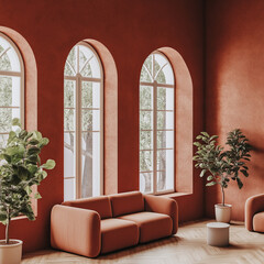 Sleek Modern Living Room with Terra Cotta Seating and Arch Window Views