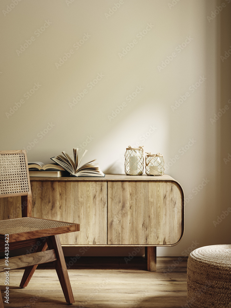 Wall mural Home mockup, beige room interior, wall mockup, 3d render