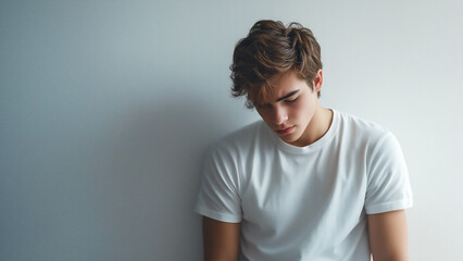 Young man in a white t-shirt standing against a grey background, looking down with a depressed expression, leaving space for text..
