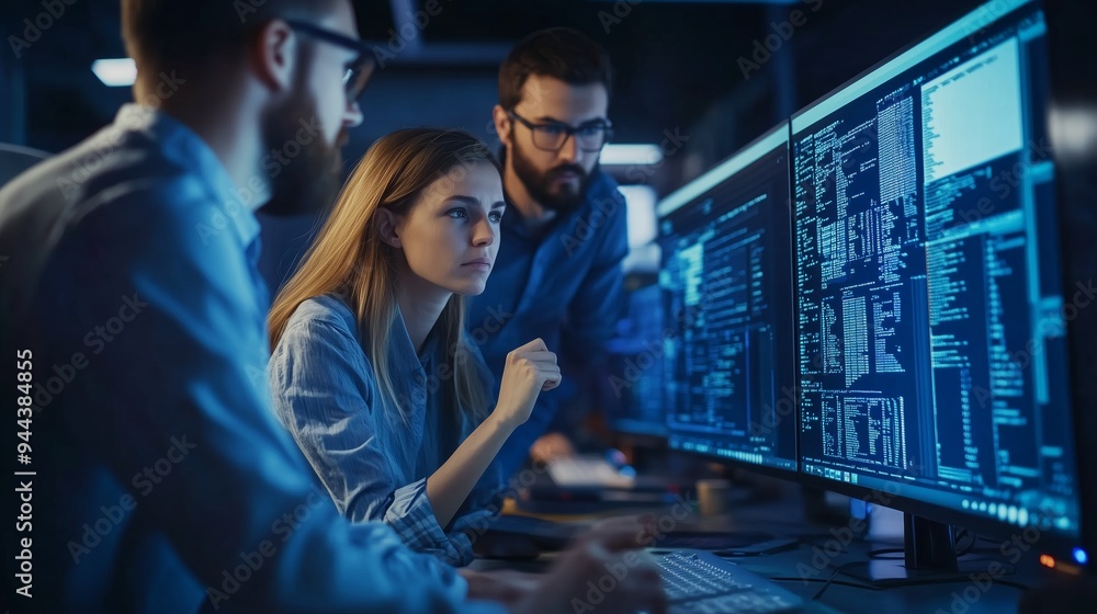 Poster team of data analysts collaborating on computer programming projects in a darkened office environmen