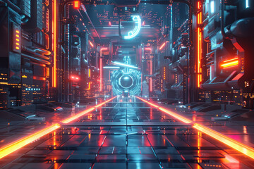 Fototapeta premium A futuristic cityscape with neon lights and a glowing orb in the center