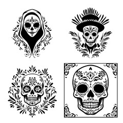 black and white icon illustration of day of the dead, about day of the dead