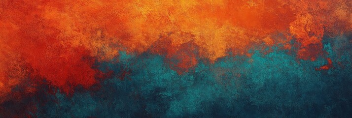 Fototapeta premium This artwork features a dynamic blend of warm orange tones merging with cooler shades of blue, creating a visually striking abstract composition