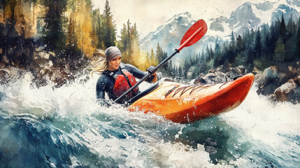 Fototapeta premium A kayaker rafting struggling with water splashes in boat in rapid river in mountain