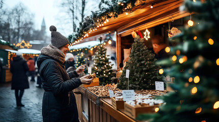 Naklejka premium Person browsing decorations at an outdoor Christmas market stall during winter. The market is festively decorated with string lights and small Christmas trees.