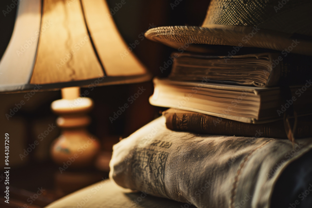 Poster a lamp is lit up and a stack of books is on top of a blanket