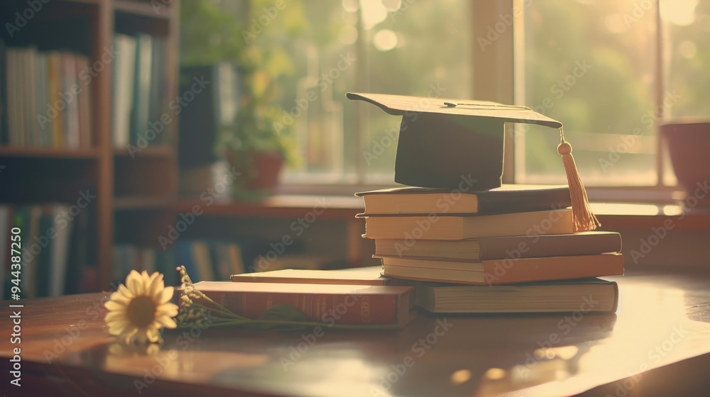 Poster a stack of books with a cap on top of them