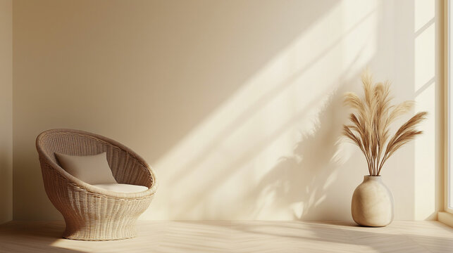 Fototapeta  Pusty beżowy ścienny mockup w wnętrzu w stylu boho. Ściana, w subtelnym odcieniu beżu, stanowi neutralne tło dla boho-chic pokoju.