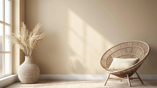 Fototapeta  Pusty beżowy ścienny mockup w wnętrzu w stylu boho. Ściana, w subtelnym odcieniu beżu, stanowi neutralne tło dla boho-chic pokoju.