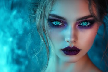 A young woman showcases dramatic Halloween makeup featuring bold colors, striking eye shadows, and deep lip color, creating an enchanting look.