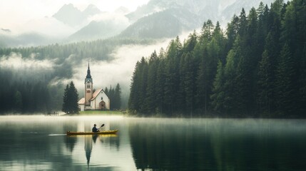 A man kayaking in still lake water with forest and church