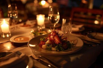 A gourmet seafood dish elegantly presented on a table, illuminated by soft candlelight during a romantic dinner