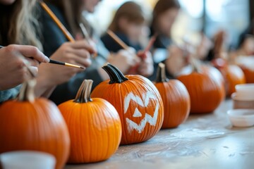 People are engaging in a festive autumn activity, painting pumpkins at a community center event, showcasing creativity and seasonal spirit.
