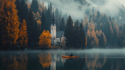 A person kayaking in water with colorful Autumn foliage woods and church