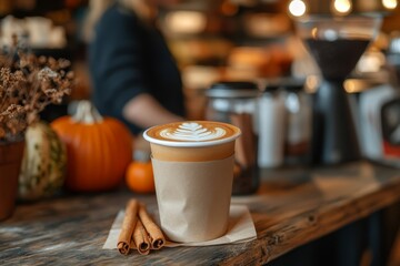 A beautifully crafted latte with latte art is served in a disposable cup, accompanied by cinnamon sticks and surrounded by autumn décor.