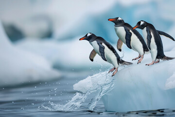 Obraz premium Three penguins are jumping into the water from a frozen surface