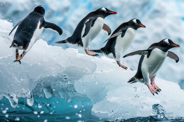 Fototapeta premium Four penguins are jumping into the water from a frozen surface