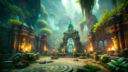 Obraz premium retro mythological fantastical enchanted elven glade sanctuary background