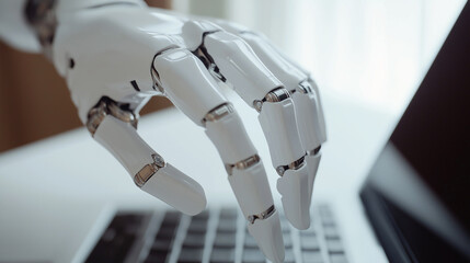 Close-up of white robot hand working on laptop. Concept of artificial intelligence development.