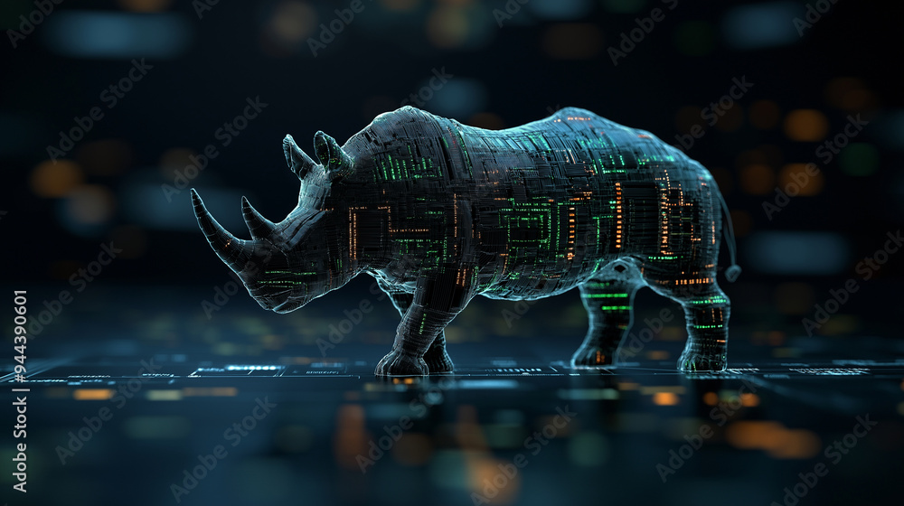 Poster a rhinoceros charging forward, its massive body built from sturdy data columns, representing strengt