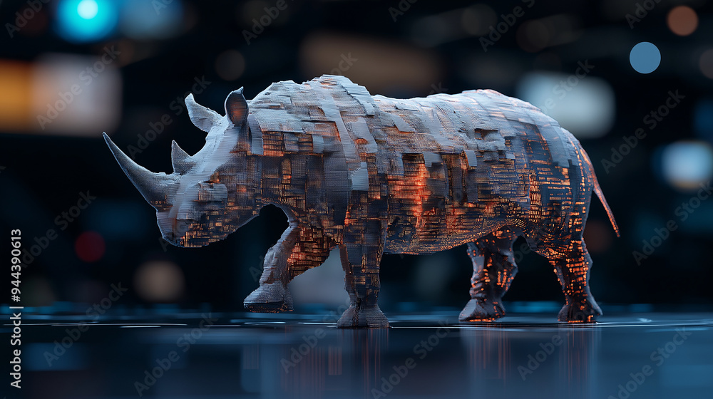 Poster a rhinoceros charging forward, its massive body built from sturdy data columns, representing strengt