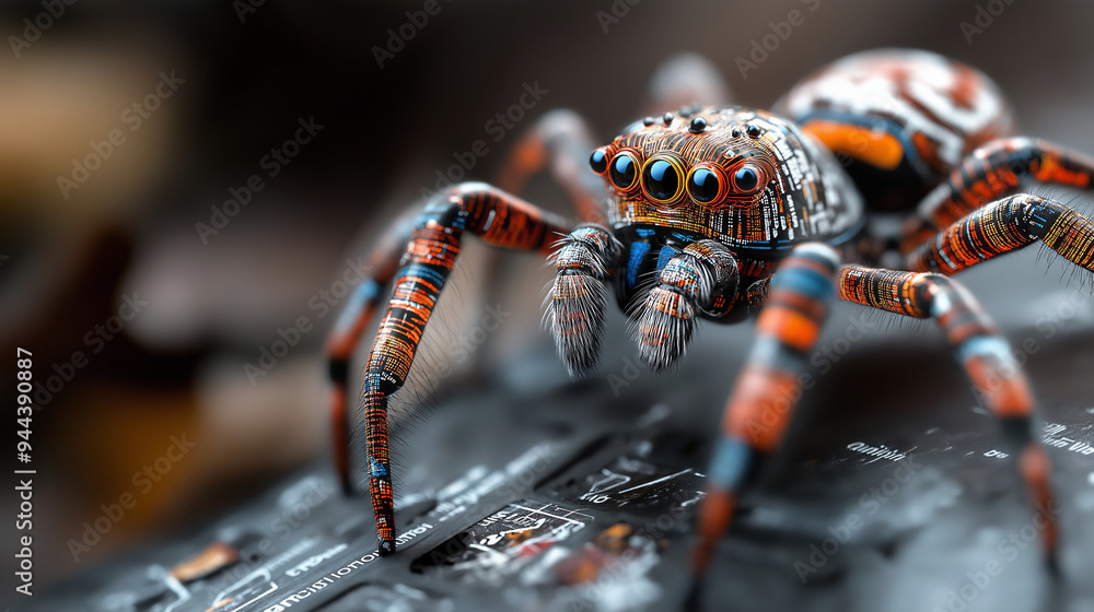 Poster a peacock spider with its vibrant body crafted from intricate data columns, symbolizing the complexi