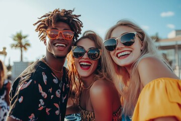 Joyful multiracial friends enjoying a rooftop party with trendy sunglasses and dj entertainment