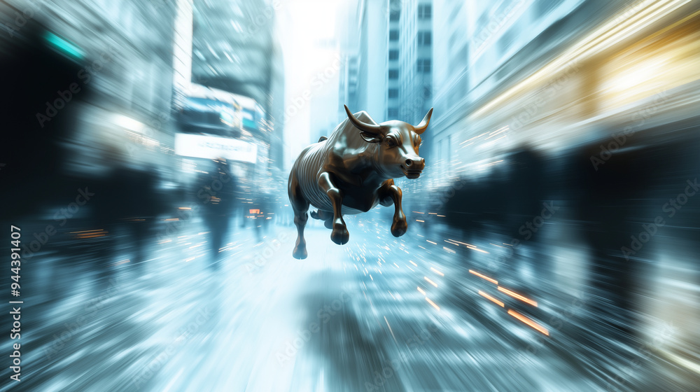 Poster a dynamic bull in mid-leap with price bars trailing behind, representing momentum and growth in the 