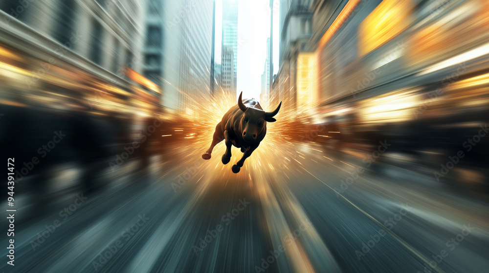 Poster a dynamic bull in mid-leap with price bars trailing behind, representing momentum and growth in the 