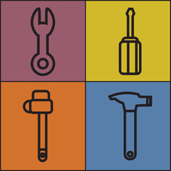 There are four different icons and different backgrounds, namely the pliers icon with a purple background color, a hammer with a blue color, a screwdriver with a yellow color.