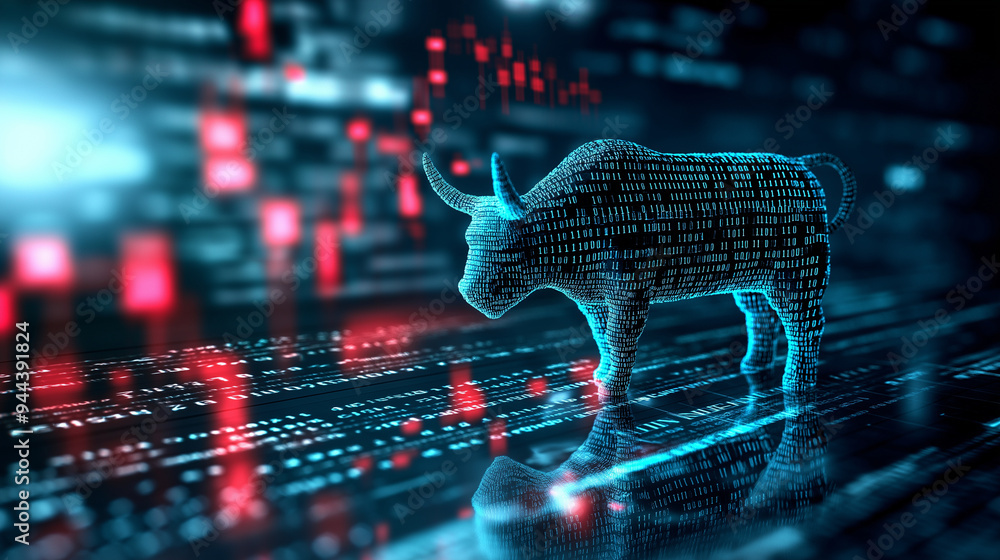 Aufkleber a digital bull made of binary code, standing against rising cryptocurrency price bars, representing 
