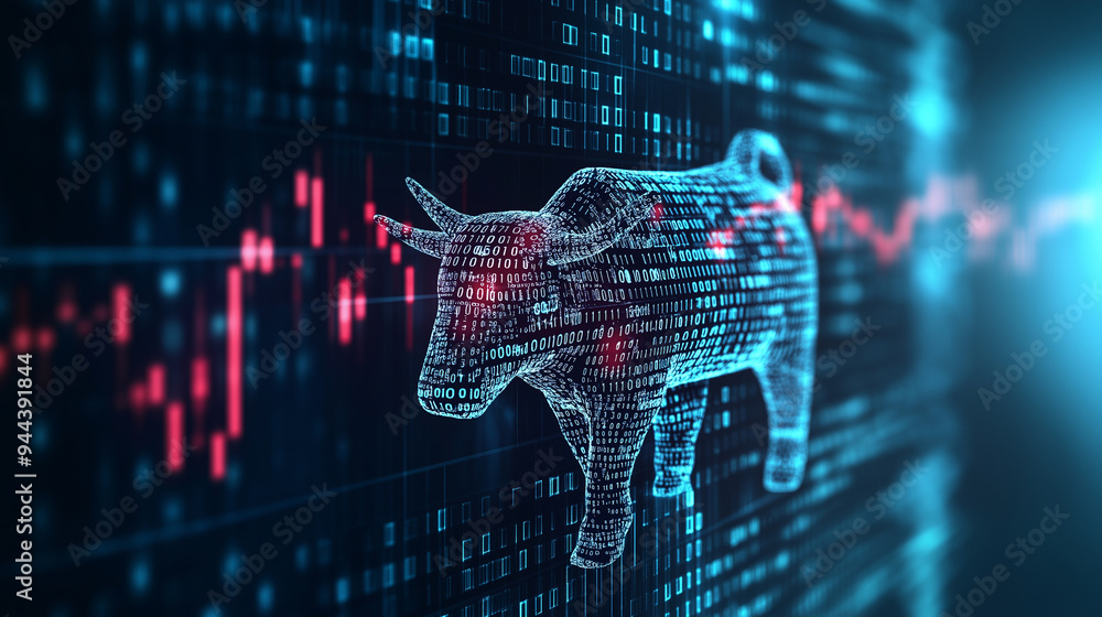 Aufkleber a digital bull made of binary code, standing against rising cryptocurrency price bars, representing 