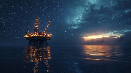 Fototapeta premium A stark offshore oil drilling platform stands aglow amidst the serene ocean, its lights mirroring in the tranquil waters under an expansive, star-filled nocturnal sky. 
