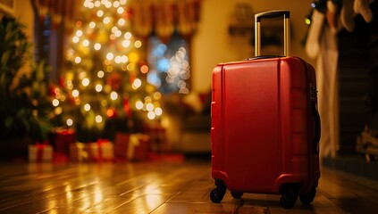 A red suitcase stands on the parquet floor against Christmas tree