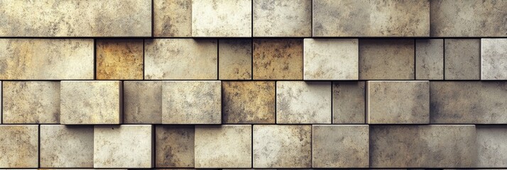 Fototapeta premium The wall features an arrangement of rectangular stone blocks in muted beige and gray tones, exhibiting a textured, weathered look
