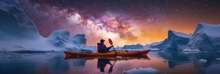 A kayaker boating in sea water with iceberg and beautiful milky way starring night sky