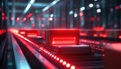 A red glowing digital network with boxes on the conveyor belt in a warehouse