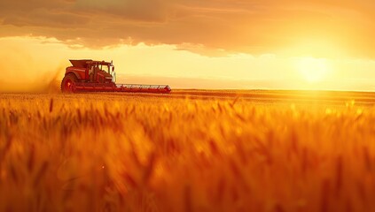 Fototapeta premium A red harvester is harvesting wheat in the golden fields