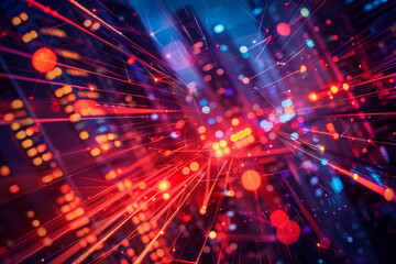 Obraz premium A colorful, abstract image of a cityscape with bright lights and a red line