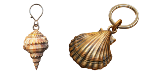 Render keychain featuring sea shell isolated on transparent background, set of two