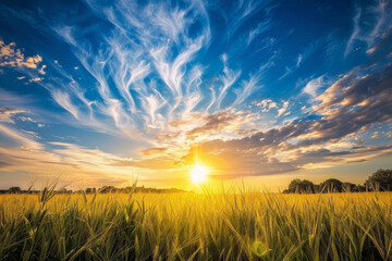 Fototapeta premium A field of grass with a bright sun in the sky