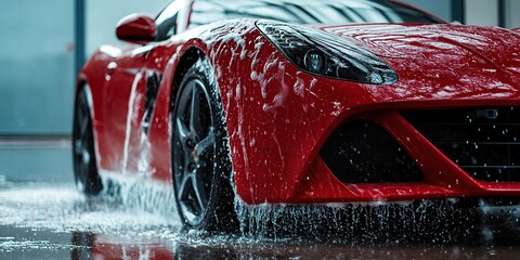 A red sports car being washed with water