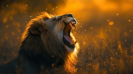 Majestic lion with a powerful roar in the savannah capturing the essence of wild animal strength